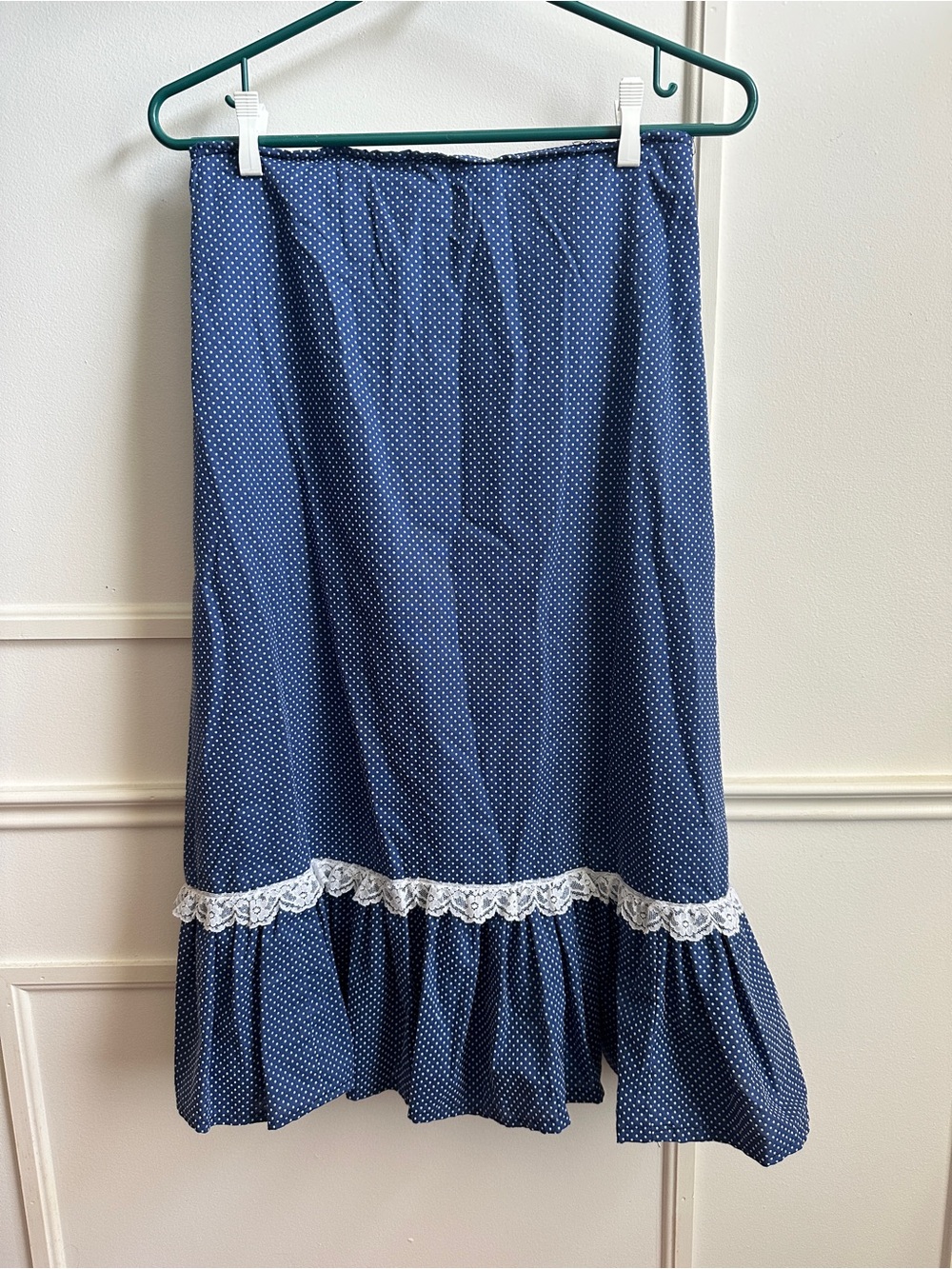 Vintage Handmade Blue Polka Dot Lace-Trim Midi Skirt